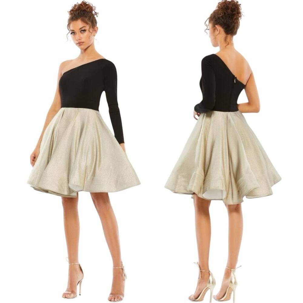 Ieena for Mac Duggal Black Gold One Shoulder A-Line Dress #48929 Size 4 NWT